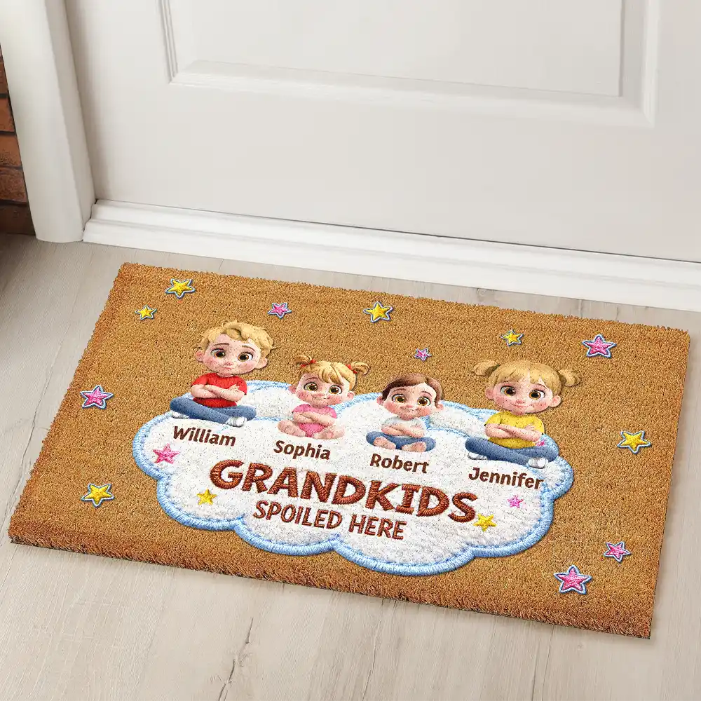 Gift For Grandma,Gift For Grandpa,Grandpa - Grandkids,Grandma - Grandkids,Gift For Women,Gift For Men,Happy - Faux Embroidery Effect Spoiled Grandkids Live Here - Personalized Coconut Doormat