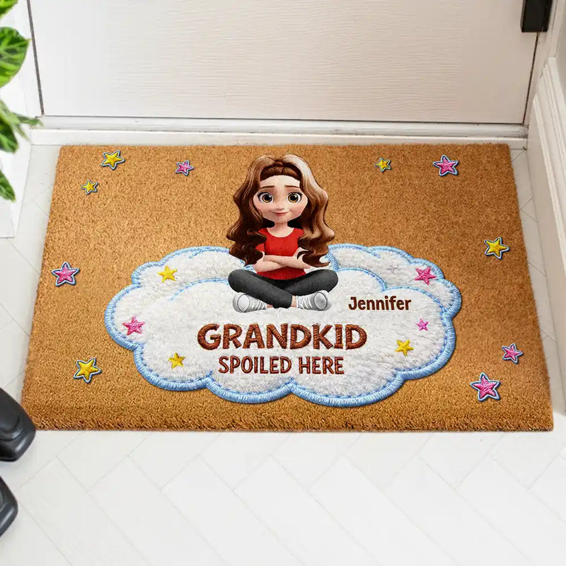 Gift For Grandma,Gift For Grandpa,Grandpa - Grandkids,Grandma - Grandkids,Gift For Women,Gift For Men,Happy - Faux Embroidery Effect Spoiled Grandkids Live Here - Personalized Coconut Doormat