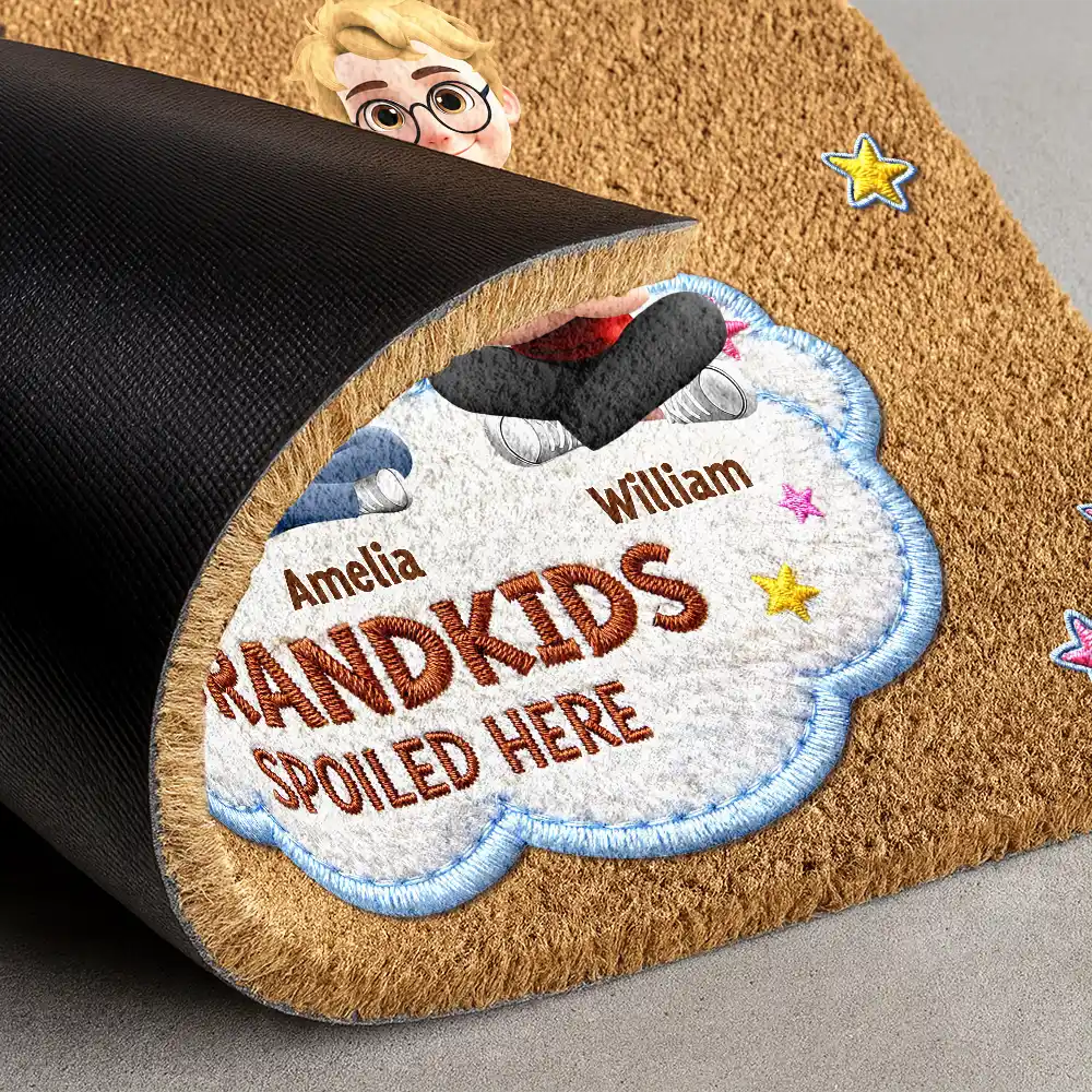 Gift For Grandma,Gift For Grandpa,Grandpa - Grandkids,Grandma - Grandkids,Gift For Women,Gift For Men,Happy - Faux Embroidery Effect Spoiled Grandkids Live Here - Personalized Coconut Doormat