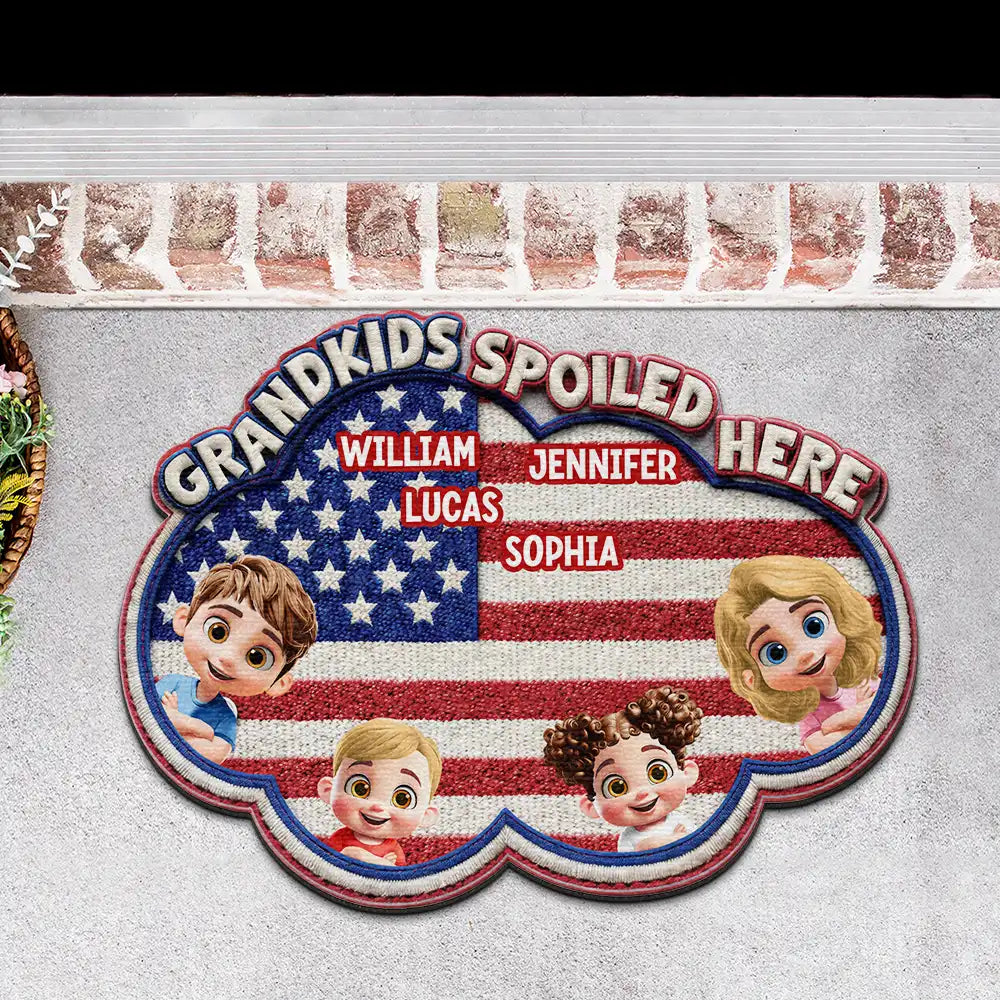 Gift For Grandma, Gift For Grandpa, Gift For Grandparents, Happy - Faux Embroidery Effect Star & Stripes Grandkids Spoiled Here - Personalized Custom Shaped Doormat