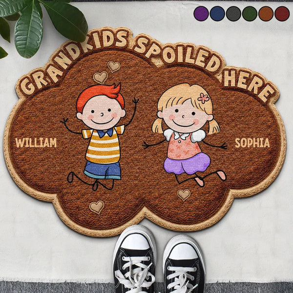 Gift For Grandma,Gift For Grandpa,Grandpa - Grandkids,Grandma - Grandkids,Gift For Women,Gift For Men,Happy,Stick Figure,Pet Lovers - Faux Embroidery Effect Stick Figures Grandkids Spoiled Here - Personalized Custom Shaped Doormat