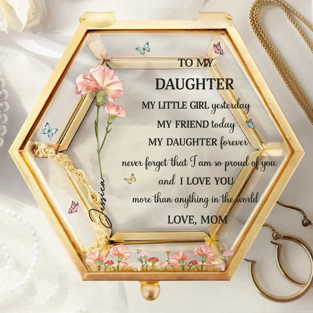 Faux Pressed Birth Flower My Daughter Forever - Personalized Glass Jewelry Box
