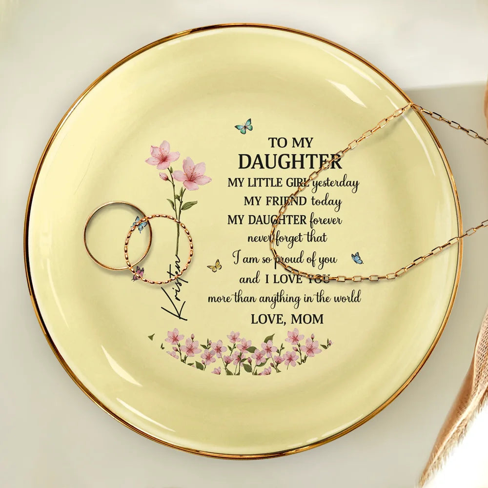 Gift For Daughter,Gift For Women,Happy,Gift For Grandkids - Faux Pressed Birth Flower My Daughter Forever - Personalized Ring Dish