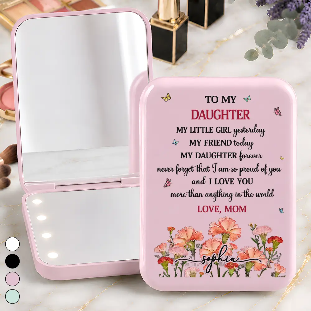 Gift For Daughter, Gift For Children, Sentimental, Icon - Faux Pressed Birth Flower To My Daughter Granddaughter - Personalized LED Compact Mirror