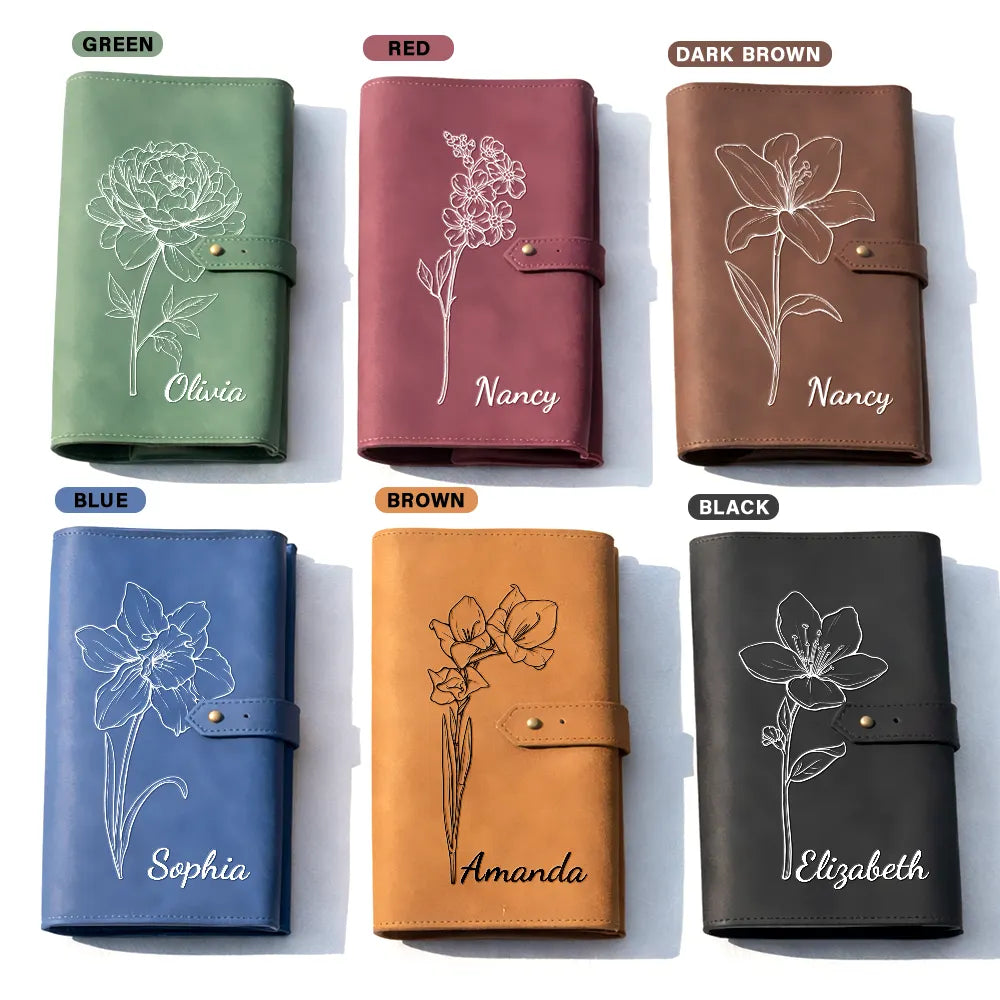 Gift For Women,Gift For Men,Happy - Faux Pressed Effect Birth Flower Blooming In Love - Personalized Leather Cable Bag
