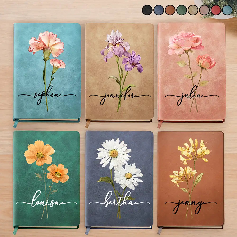 Faux Pressed Effect Birth Flower Blooming In Love - Personalized Leather Journal