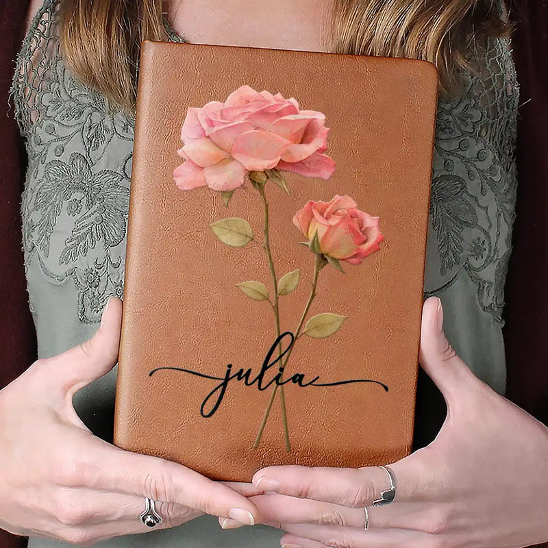 Gift For Wife,Gift For Girlfriend,Gift For Women,Gift For Yourself,Gift For Aunt,Gift For Mother,Gift For Grandma,Gift For Daughter,Gift For Sisters,Gift For Bestie,Happy - Faux Pressed Effect Birth Flower Blooming In Love - Personalized Leather Journal