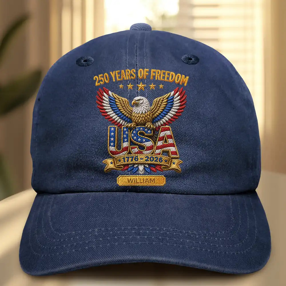 Faux Puff Embroidery Effect 250 Years Of Freedom - Personalized Vintage Washed Denim Cap