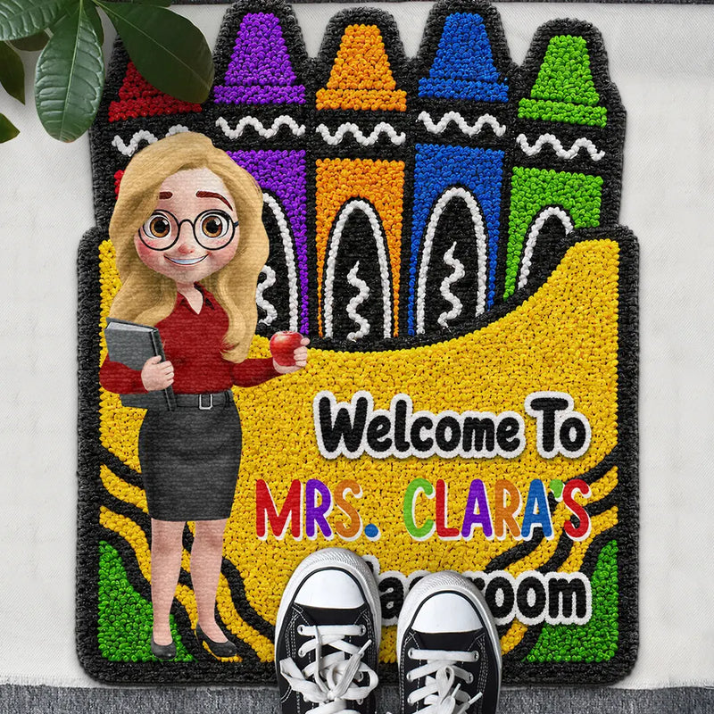 Top Market, Teacher, Inspirational, Back To School, Vector, Alternating Color Text - Faux Yarn Pattern Crayon Box Welcome To Classroom - Personalized Custom Shaped Doormat
