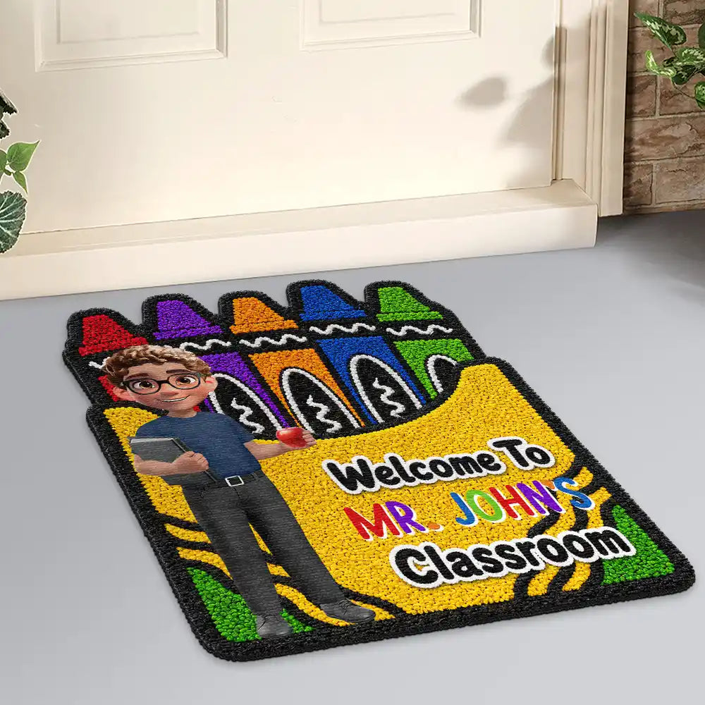 Top Market, Teacher, Inspirational, Back To School, Vector, Alternating Color Text - Faux Yarn Pattern Crayon Box Welcome To Classroom - Personalized Custom Shaped Doormat
