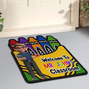 Top Market, Teacher, Inspirational, Back To School, Vector, Alternating Color Text - Faux Yarn Pattern Crayon Box Welcome To Classroom - Personalized Custom Shaped Doormat