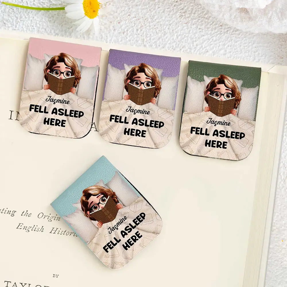 Fell Asleep Here Book Lovers - Personalized Leather Magnetic Bookmark