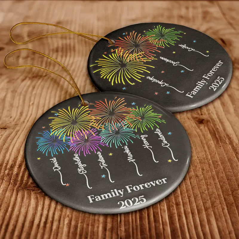 Family,Gift For Bestie,Christmas,Happy - Firework Family Bestie Custom Name - Personalized Circle Ceramic Ornament