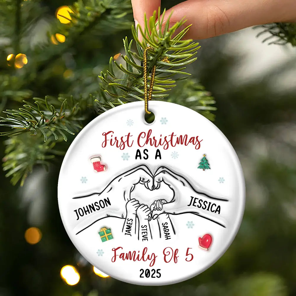 First Christmas As A Family As Three - 3D Inflated Effect Printed Ornament, Personalized Circle Ceramic Ornament