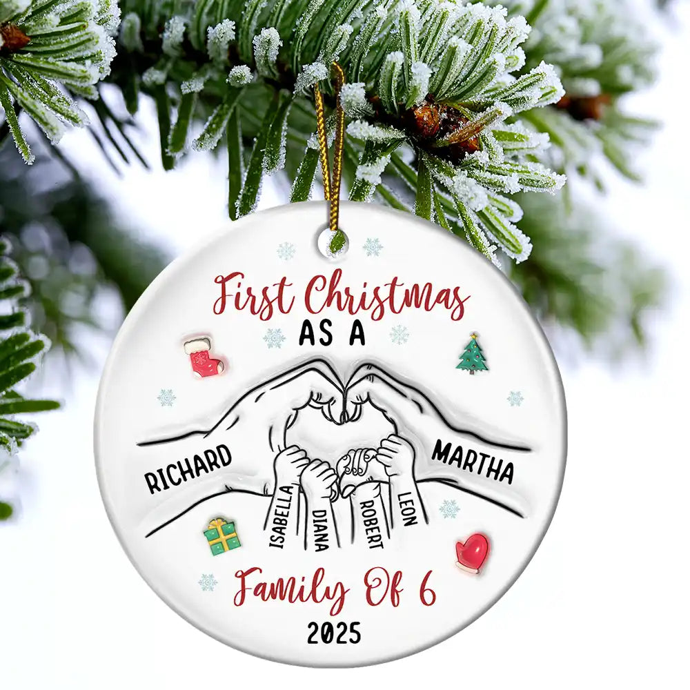 First Christmas As A Family As Three - 3D Inflated Effect Printed Ornament, Personalized Circle Ceramic Ornament