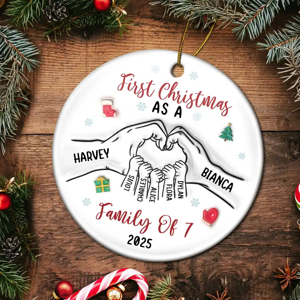 First Christmas As A Family As Three - 3D Inflated Effect Printed Ornament, Personalized Circle Ceramic Ornament