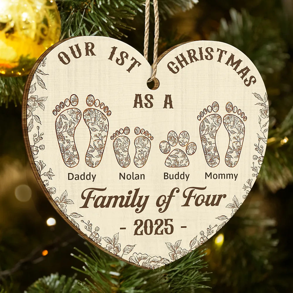 First Christmas As A Family Of Four Footprints Flower - Personalized Custom Shaped Wooden Ornament