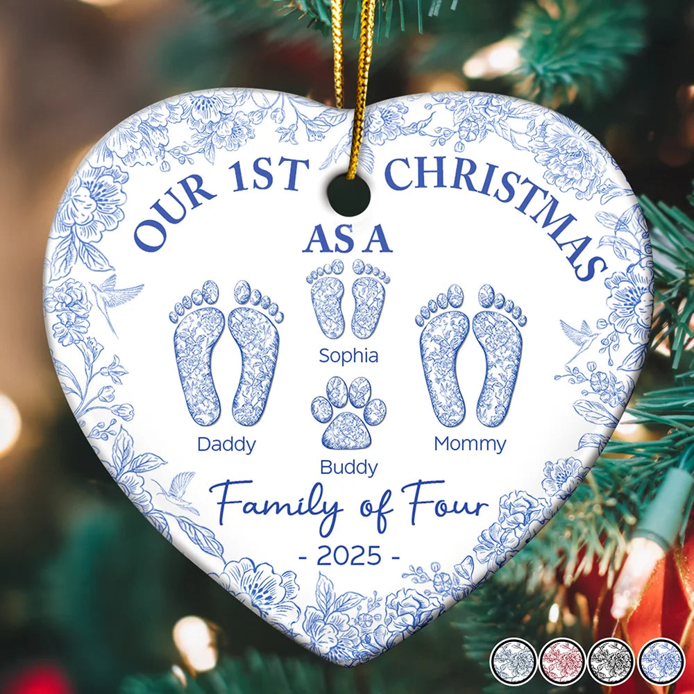 First Christmas As A Family Of Four Toile Footprints - Personalized Heart Ceramic Ornament