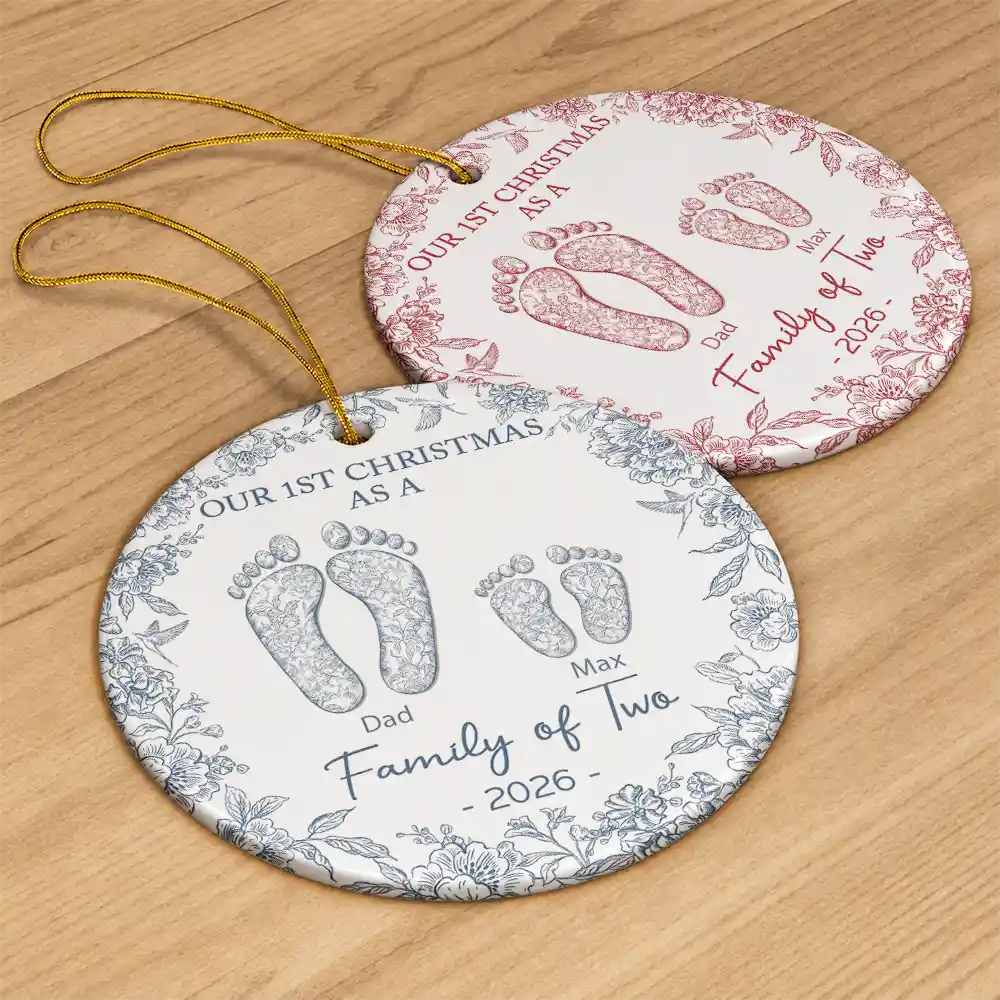 First Christmas As A Family Of Four Toile Footprints - Personalized Circle Ceramic Ornament