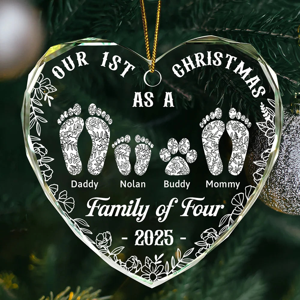 First Christmas As A Family Of Four Toile Footprints - Personalized Heart Shaped Glass Ornament