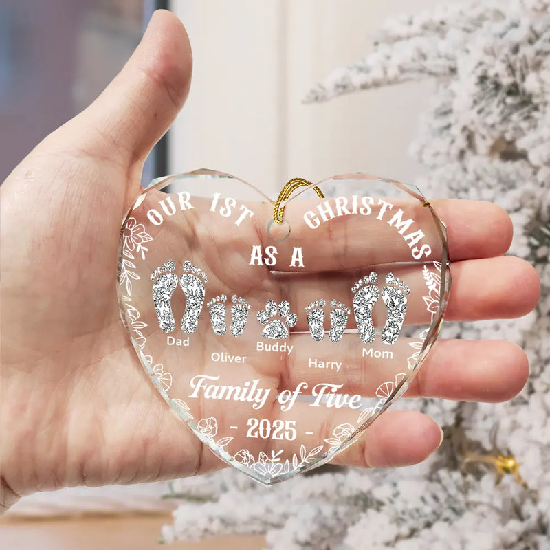 Christmas,Family,Dog Lovers,Cat Lovers,Pet Lovers,Parents,Happy - First Christmas As A Family Of Four Toile Footprints - Personalized Heart Shaped Glass Ornament
