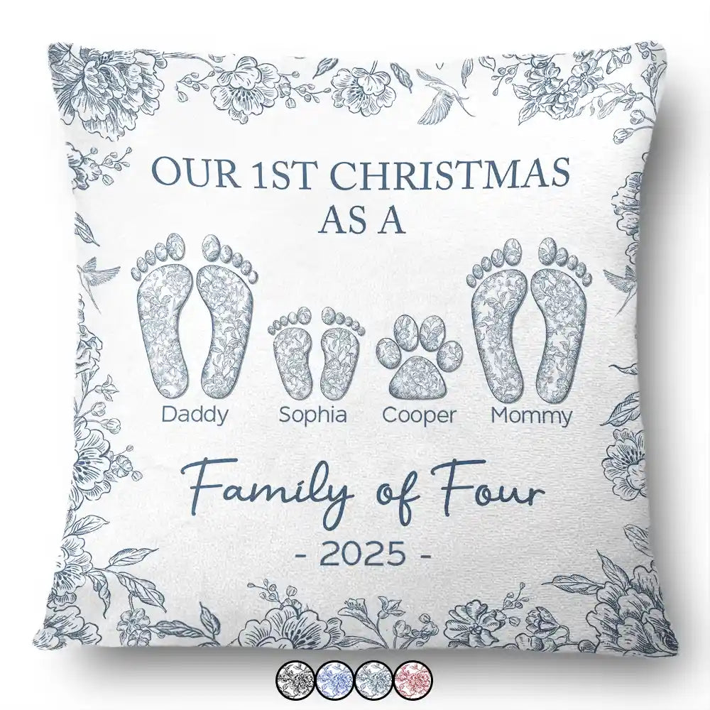 First Christmas As A Family Of Four Toile Footprints - Personalized Pillow