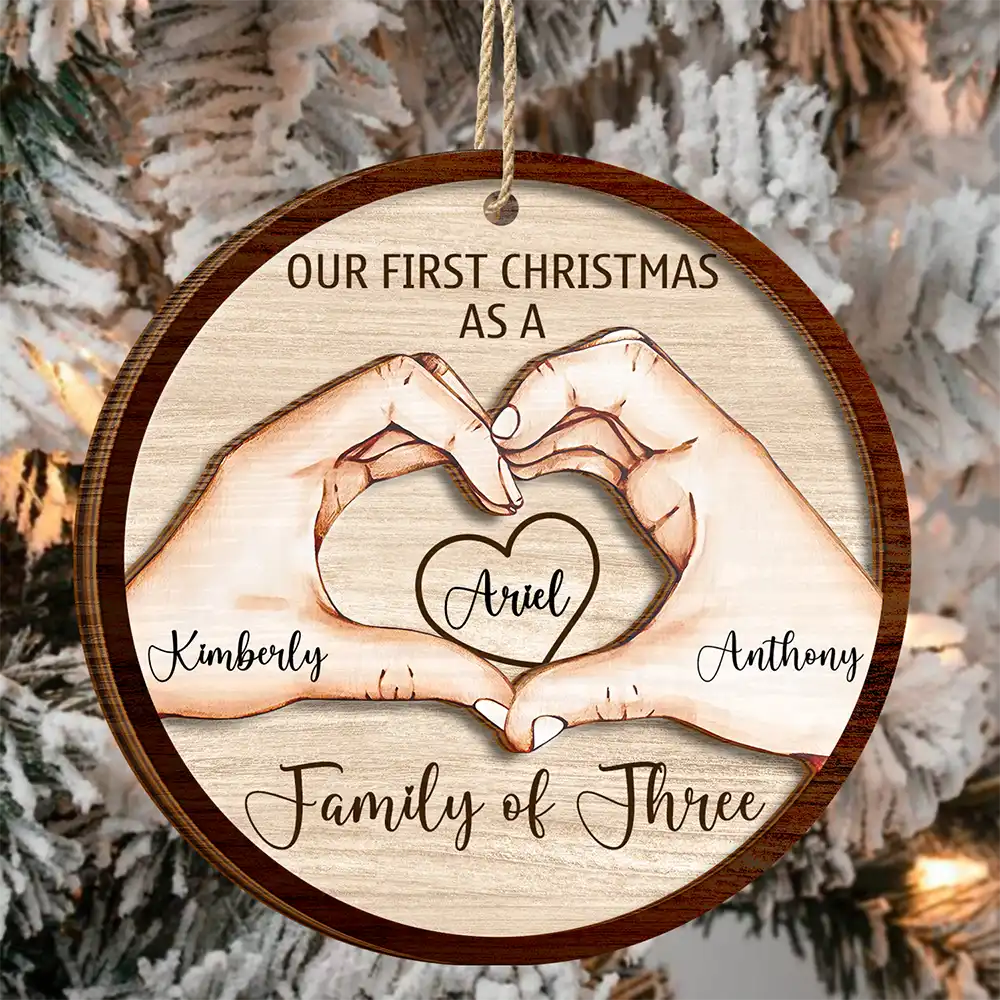 First Christmas As A Family Of Three Holding Hand - Personalized 2-Layered Wooden Ornament
