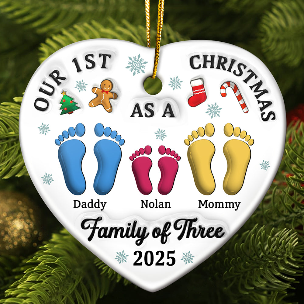 First Christmas As A Family Of Three Footprints 3D Effect - Personalized Heart Ceramic Ornament