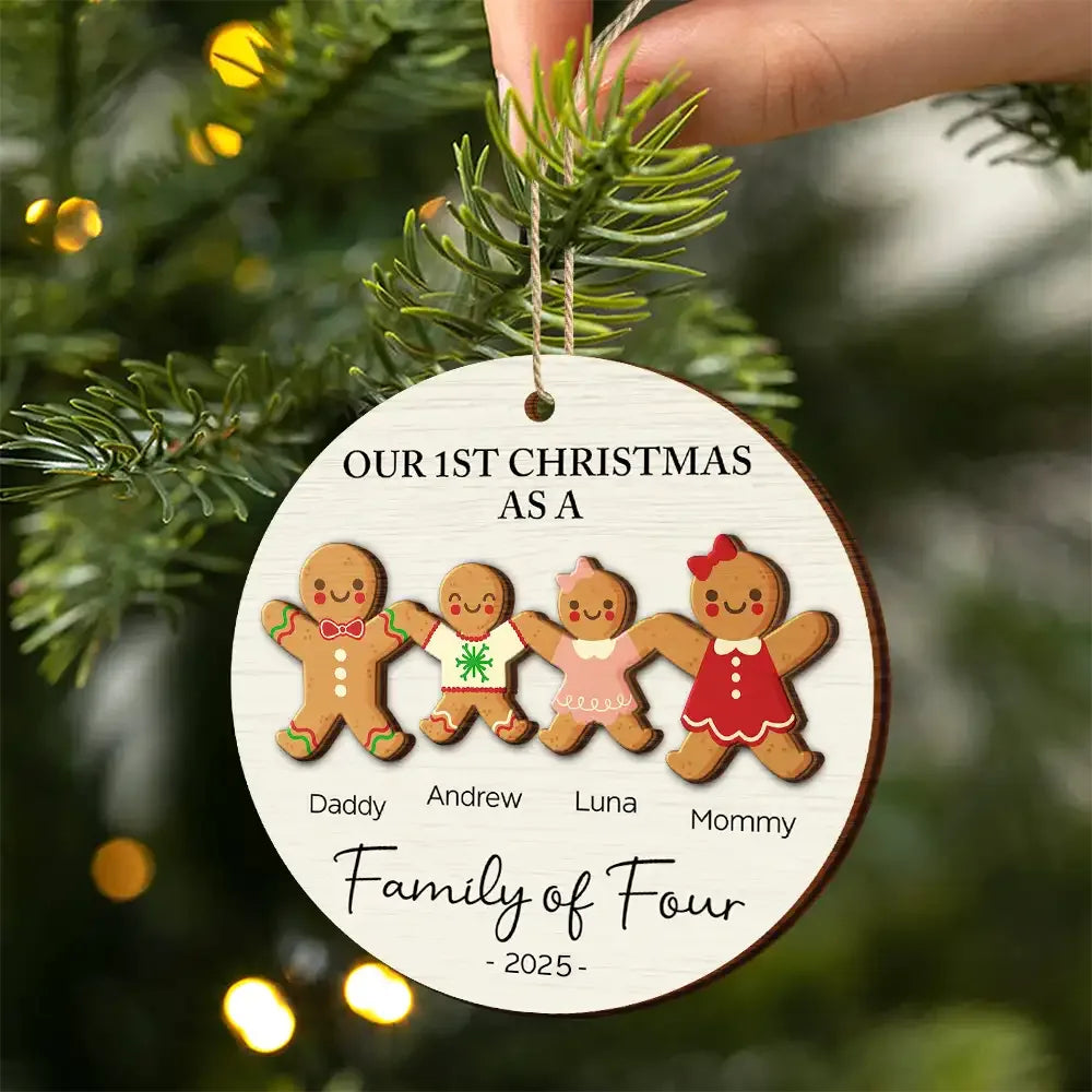 First Christmas As A Family Of Three Gingerbread - Personalized 2-Layered Wooden Ornament