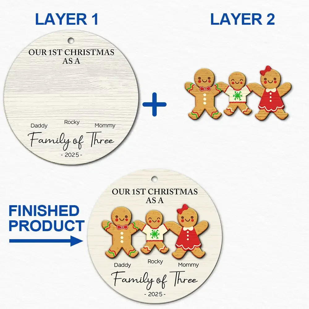First Christmas As A Family Of Three Gingerbread - Personalized 2-Layered Wooden Ornament