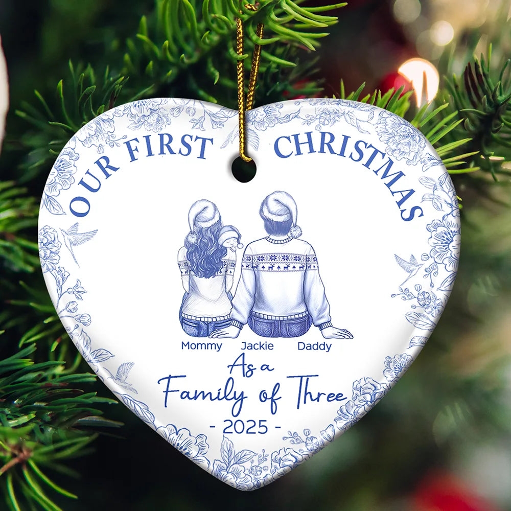 First Christmas As A Family Of Three New Parents Toile - Personalized Heart Ceramic Ornament