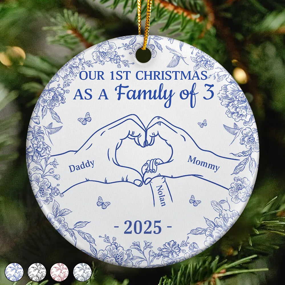 First Christmas As A Family Of Three Toile Hand - Personalized Circle Ceramic Ornament