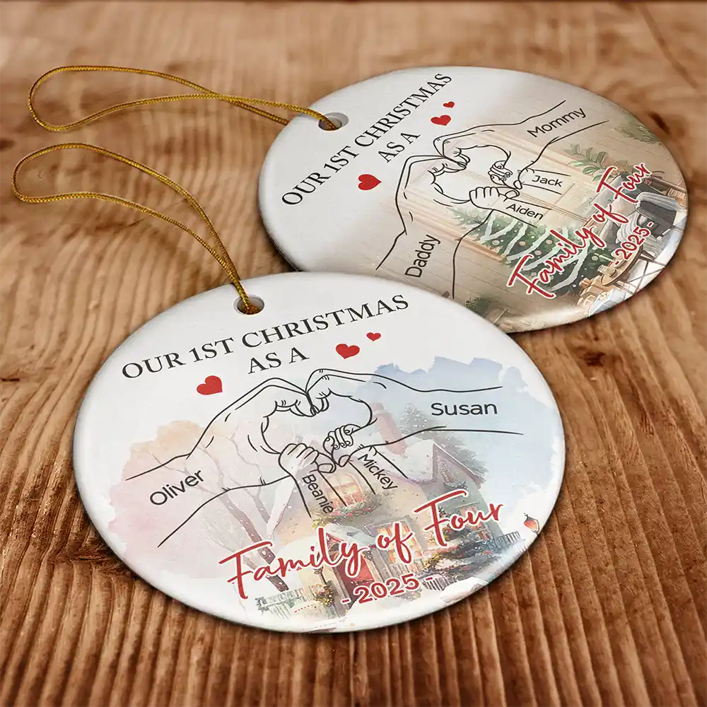 Love,Family,Christmas - First Christmas As Family As - Personalized Circle Ceramic Ornament