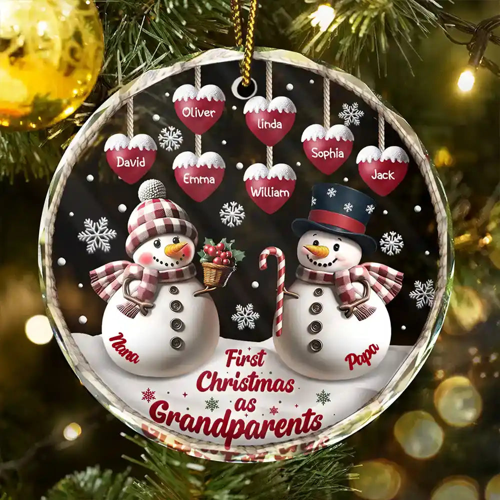 First Christmas As Grandparents Snowman - Personalized Circle Glass Ornament