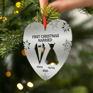 Gift For Couples, Wedding Anniversary, Happy, Christmas - First Christmas As Married Couples Snowflake Heart - Personalized Metal Ornament