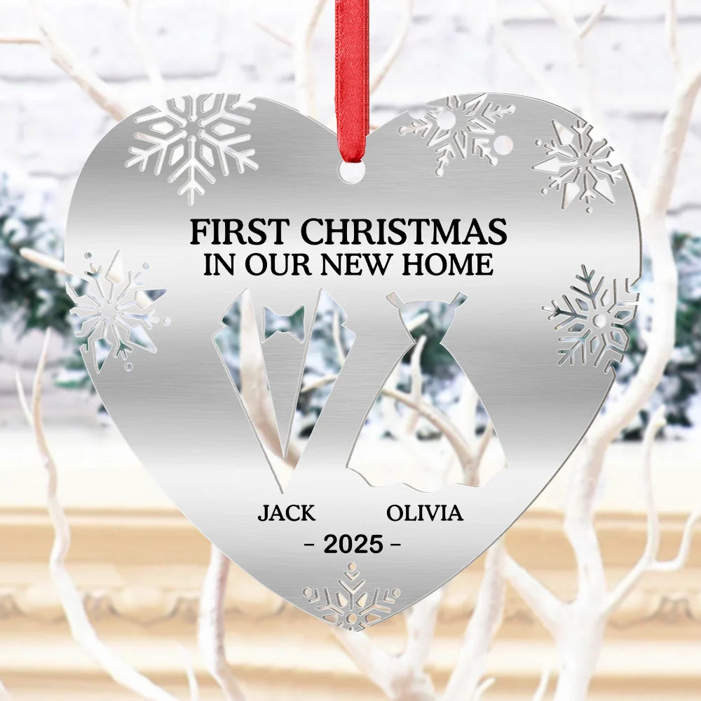 Gift For Couples, Wedding Anniversary, Happy, Christmas - First Christmas As Married Couples Snowflake Heart - Personalized Metal Ornament