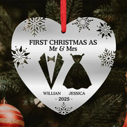 Gift For Couples, Wedding Anniversary, Happy, Christmas - First Christmas As Married Couples Snowflake Heart - Personalized Metal Ornament