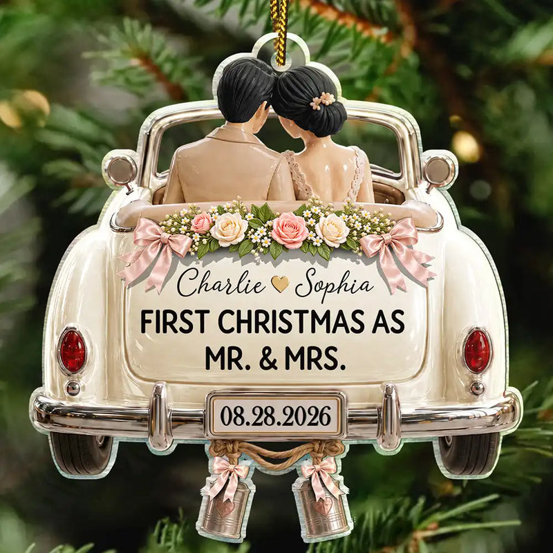 Christmas,Married Couple,Romantic,Gift For Couples,Vector - First Christmas As Mr. & Mrs. Wedding Car - Personalized Custom Shaped Acrylic Ornament