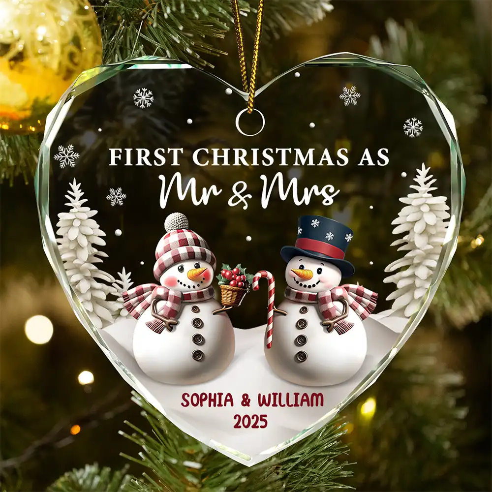 First Christmas As Mr & Mrs Snowman - Personalized Heart Shaped Glass Ornament