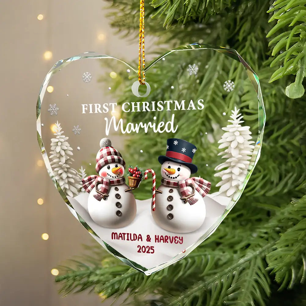 Love,Christmas,Gift For Wife,Gift For Husband,Gift For Couples,Married ,Engaged,Wedding - First Christmas As Mr & Mrs Snowman - Personalized Heart Shaped Glass Ornament