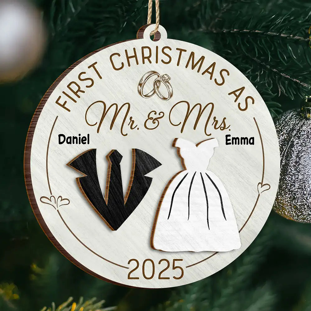 First Christmas As Mr & Mrs Wedding Couples - Personalized 2-Layered Wooden Ornament