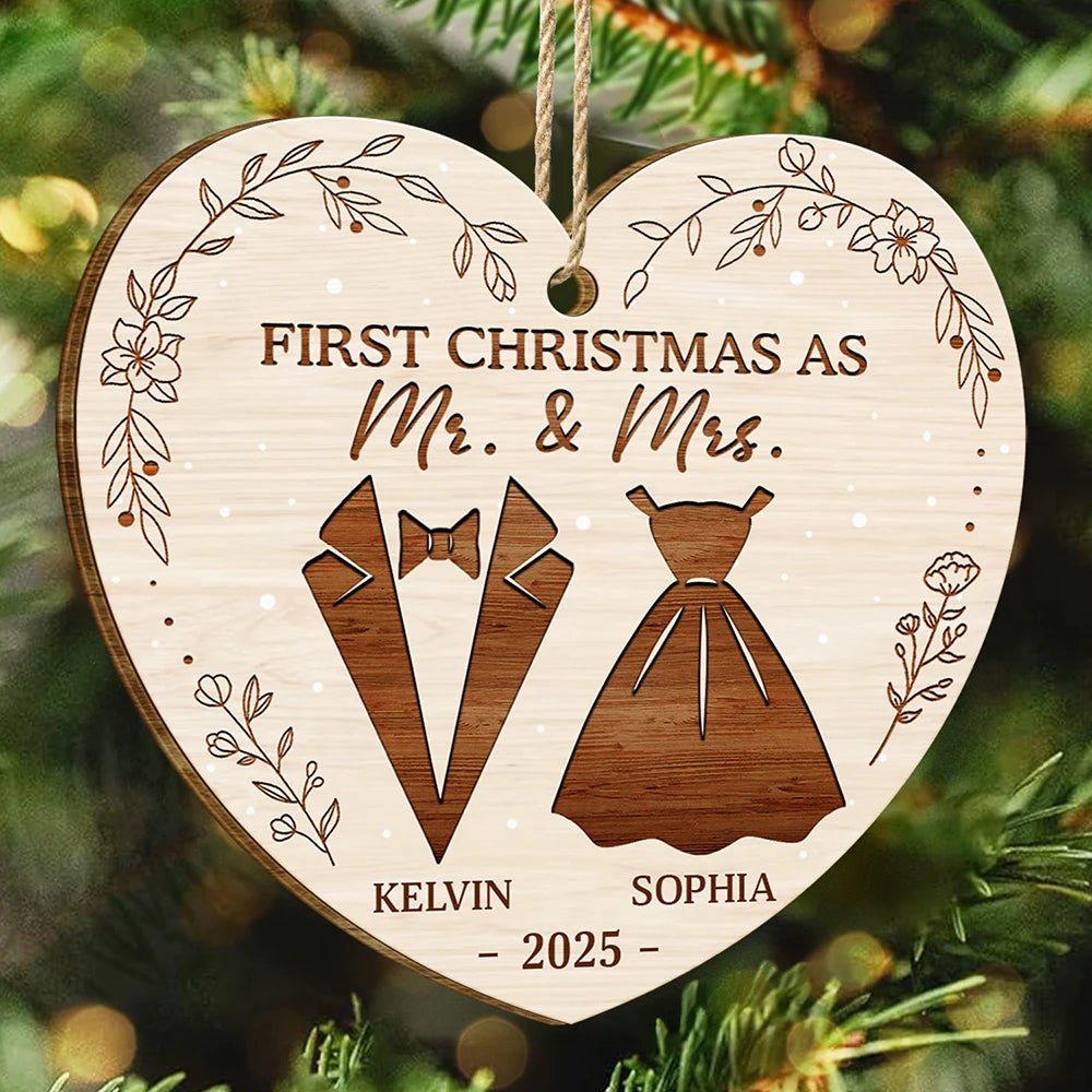First Christmas As Mr & Mrs Wedding Couples - Personalized Custom Shaped Wooden Ornament