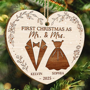 Christmas, Gift For Couples, Engaged, Wedding, Married , Love, Wedding Anniversary - First Christmas As Mr & Mrs Wedding Couples - Personalized Custom Shaped Wooden Ornament
