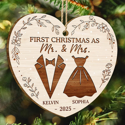 First Christmas As Mr & Mrs Wedding Couples - Personalized Custom Shaped Wooden Ornament