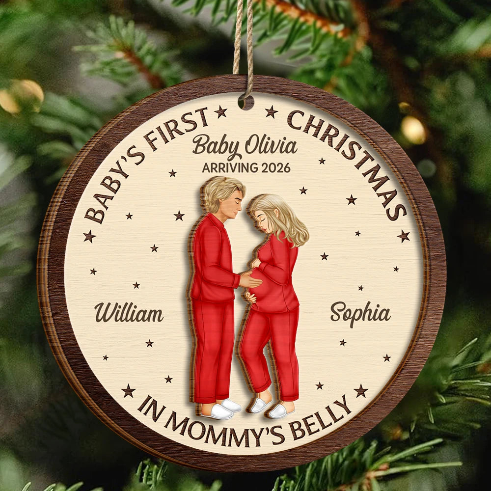 Christmas,Pregnant Mom,New baby - First Christmas In Mommy's Belly - Personalized 2-Layered Wooden Ornament