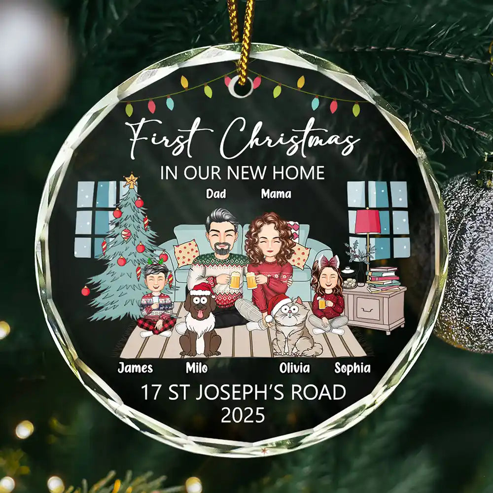 Family - First Christmas In New Home - Personalized Circle Glass Ornament
