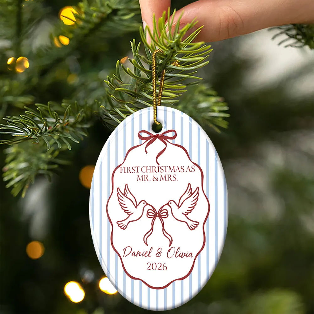 Christmas, Married Couple, Romantic, Gift For Couples, Icon - First Christmas Married Stripes Pattern - Personalized Oval Ceramic Ornament