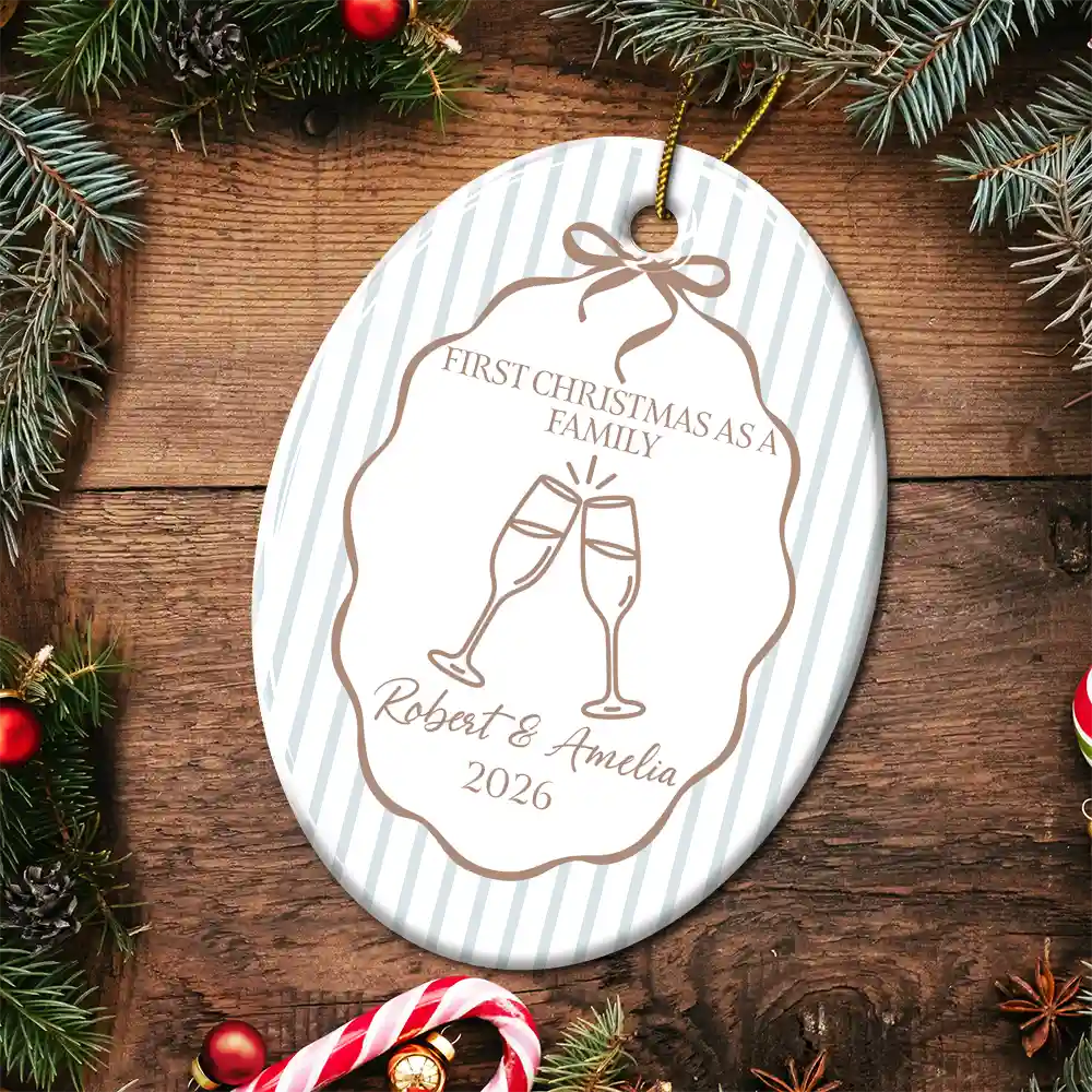 Christmas, Married Couple, Romantic, Gift For Couples, Icon - First Christmas Married Stripes Pattern - Personalized Oval Ceramic Ornament