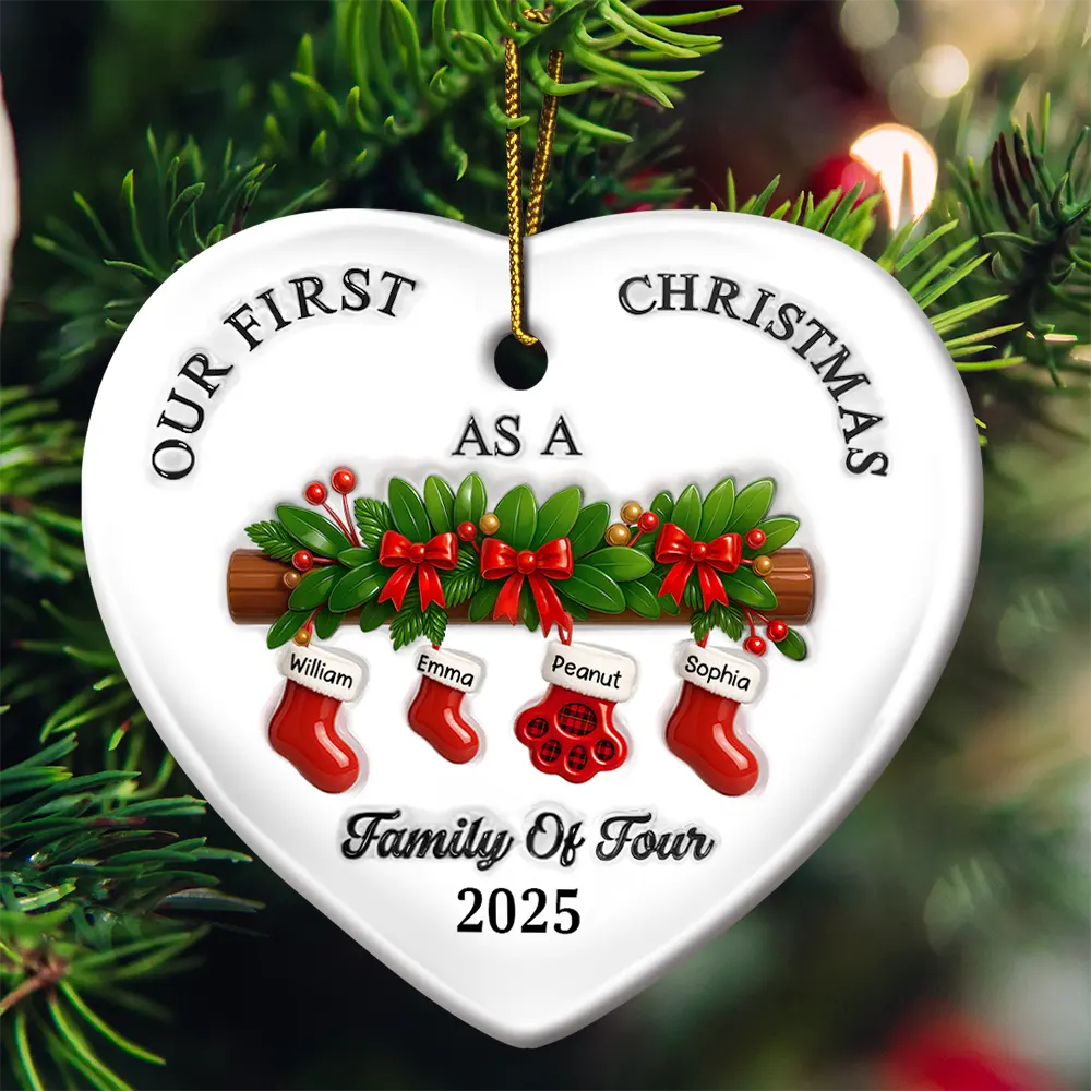 Family,Pet Lovers,Pet Mom,Pet Dad,Pet Couple,Dog Lovers,Dog Couple,Dog Mom,Dog Dad,Cat Lovers,Cat Mom,Cat Dad,Cat Couple,Happy,Christmas - First Christmas Stocking Family - 3D Inflated Effect Printed Ornament, Personalized Heart Ceramic Ornament