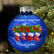 Family,Pet Lovers,Pet Mom,Pet Dad,Pet Couple,Dog Lovers,Dog Couple,Dog Mom,Dog Dad,Cat Lovers,Cat Mom,Cat Dad,Cat Couple,Happy,Christmas - First Christmas Stocking Family - Personalized Ball Ornament